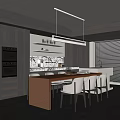 Modern Kitchen Dining Area Featuring Dark Cabinets Light Island Pendant Light And Gray Chairs