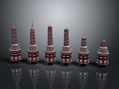 Six Red And White Layered Towers With Circular Base Spire And Reflections On Black Background 3d model