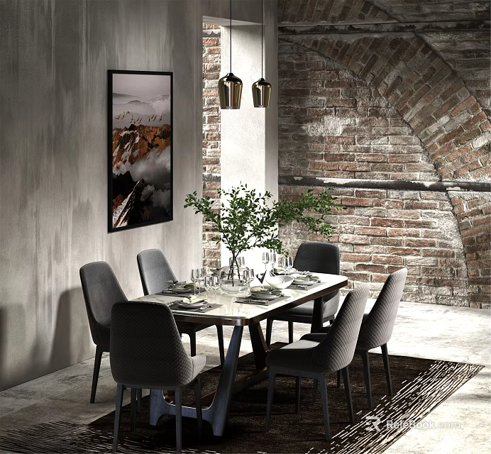 Contemporary Dining Table Set With Gray Chairs Green Plant Pendant Lights And Brick Wall 3d model 