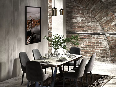 Contemporary Dining Table Set With Gray Chairs Green Plant Pendant Lights And Brick Wall 3d model
