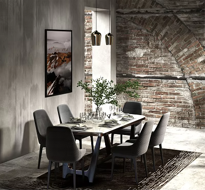 Contemporary Dining Table Set With Gray Chairs Green Plant Pendant Lights And Brick Wall 3d model