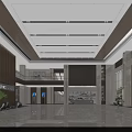 Modern Front Desk Reception Area in Elegant Lobby With Wooden Paneling Marble Floor And Chandeliers 3d model
