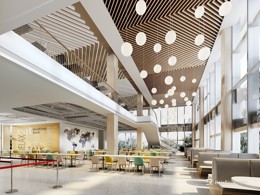 Modern Library Art Interior With Lamps Tables And Large Windows 3d model 