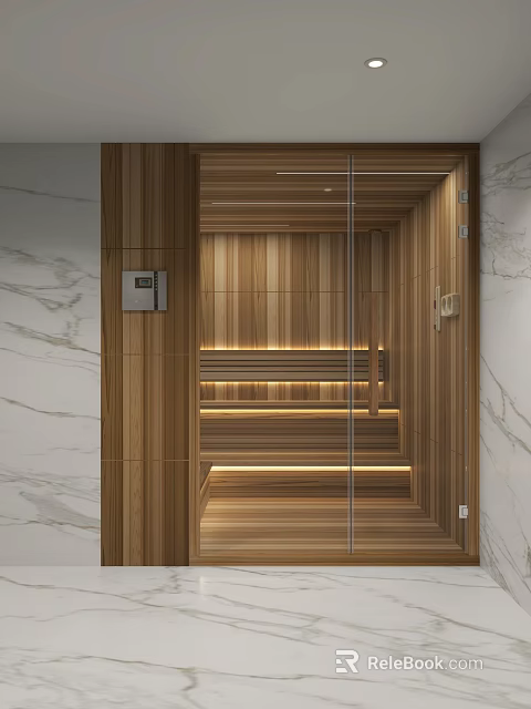 Luxury Marble Bathroom With Built In Solid Wood Sauna And Soft Warm Ambient Lighting Design 3d model 