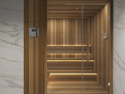Luxury Marble Bathroom With Built In Solid Wood Sauna And Soft Warm Ambient Lighting Design 3d model