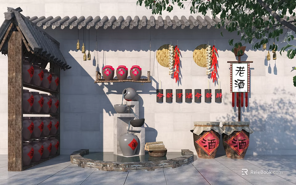 Traditional Garden Ornaments With Clay Pots Wine Jars And Hanging Decorations 3d model 