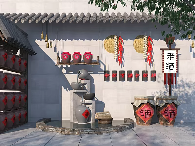 Traditional Garden Ornaments With Clay Pots Wine Jars And Hanging Decorations 3d model