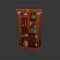 Red Wooden Cabinet With Multiple Shelves Holding Potted Plant Jars And Shoes
