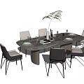 Modern Dining Table Set With Six Gray Chairs Green Plant And Dinnerware On Table 3d model