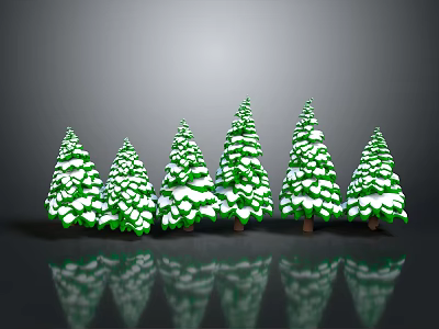 Six Green Snow Covered Pine Trees Arranged Together With Clear Reflections 3d model