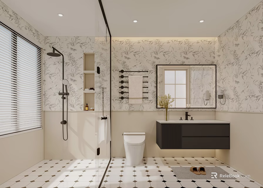 Modern Bathroom Interior Design With Glass Shower Toilet Black Vanity And Patterned Wallpaper 3d model 