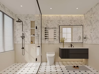 Modern Bathroom Interior Design With Glass Shower Toilet Black Vanity And Patterned Wallpaper 3d model