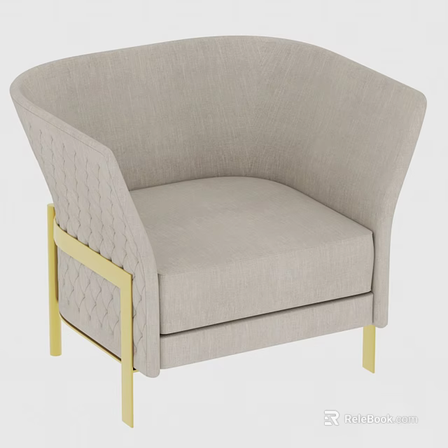 Beige Fabric Single Sofa With Curved Backrest Diamond Stitching And Gold Metal Legs 3d model 