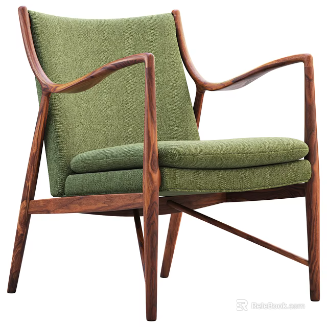 Modern Green Fabric Armchair With Wooden Curved Armrests And Plush Seat Cushion 3d model 