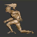 Golden Metallic Robot Running with Weapon Device on Back in Dynamic Pose