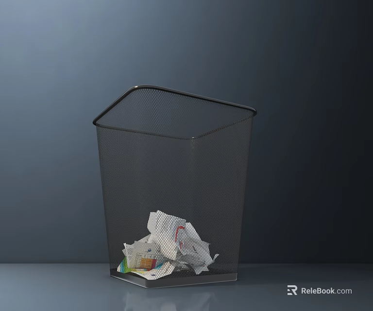 Black Mesh Public Trash Can With Waste Paper And Trash Inside 3d model 