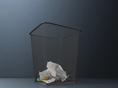 Black Mesh Public Trash Can With Waste Paper And Trash Inside 3d model
