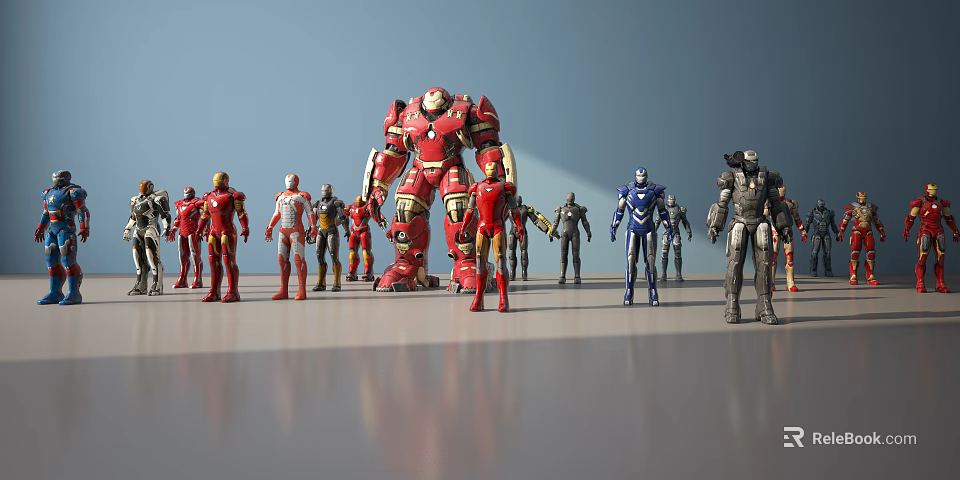 Iron Man And Mechanical Armor Characters In Assorted Colors Standing Together 3d model 