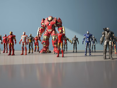 Iron Man And Mechanical Armor Characters In Assorted Colors Standing Together 3d model