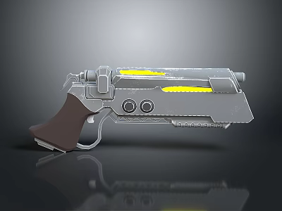 Futuristic Sci Fi Weapon with Silver Metallic Body Yellow Glowing Strips and Brown Grip 3d model