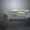 Futuristic Sci Fi Weapon with Silver Metallic Body Yellow Glowing Strips and Brown Grip
