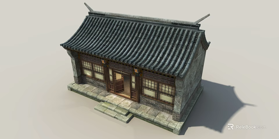 Ancient Chinese Architectural Building Featuring Black Tiled Roof Wooden Doors And Stone Steps 3d model 