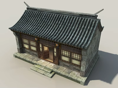 Ancient Chinese Architectural Building Featuring Black Tiled Roof Wooden Doors And Stone Steps 3d model