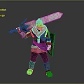 A Man in Armor Holding Large Sword and Shield With White Fur Collar and Purple Belt