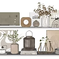 Stylish Decorative Ornaments Set With Lantern Vases Clock And Dried Flowers On Shelves