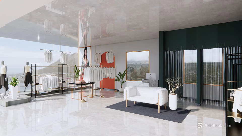 Modern Clothing Store Open Space With White Green Decor Hanging Clothes Mirrors Sofa And Plants 3d model 