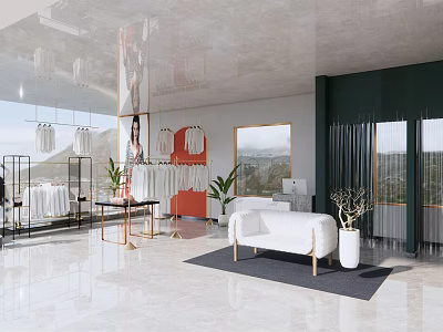 Modern Clothing Store Open Space With White Green Decor Hanging Clothes Mirrors Sofa And Plants 3d model