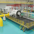 Industrial Manufacturing Plant Interior Featuring Large Machinery Yellow Railings And Red Frames