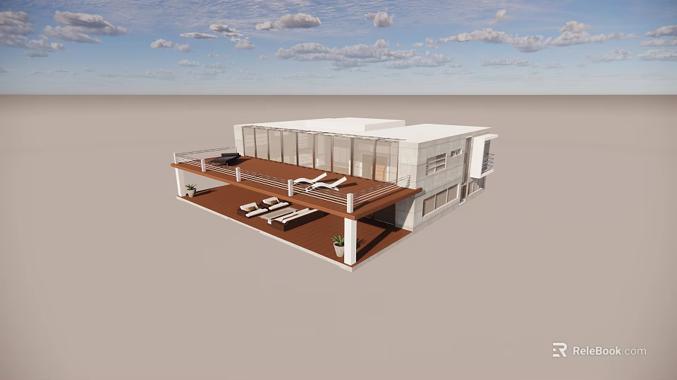 Modern Detached Villa Featuring Large Glass Windows Spacious Terrace And Outdoor Lounge 3d model 