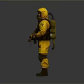 Game Movie Character In Yellow Hazmat Suit With Gas Mask Holding Rifle And Caution Text