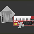 Laptop On White Stand With Beverage Bottle And Red Electronic Keyboard
