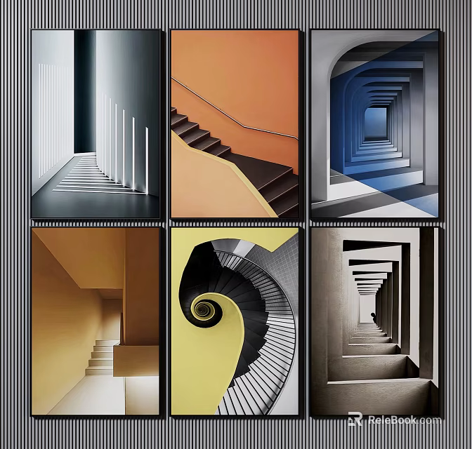 Abstract Paintings With Geometric Staircases And Vibrant Colors Showing Spatial Depth 3d model 