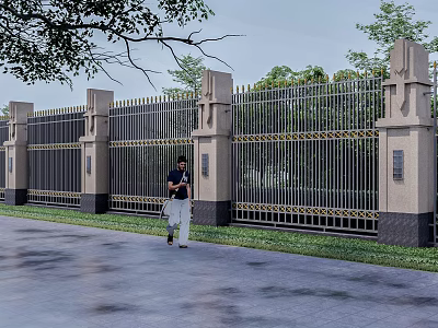Building Facade With Metal Fence Decorative Pillars Greenery And Pedestrian Pathway 3d model