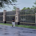 Building Facade With Metal Fence Decorative Pillars Greenery And Pedestrian Pathway