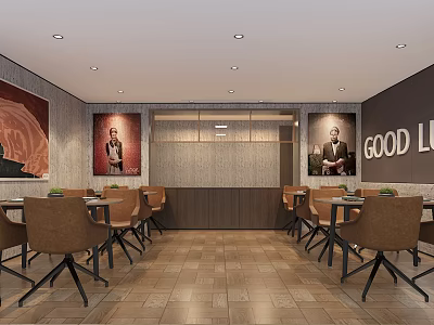 Modern Café Interior With Wooden Tables Chairs Decorative Paintings Good Luck Sign And Wooden Floor 3d model