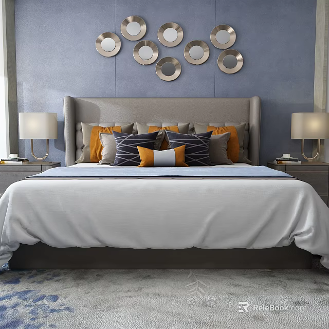 Background Double Bed With Blue Wall Circular Mirrors Gray Headboard And Colorful Pillows 3d model 