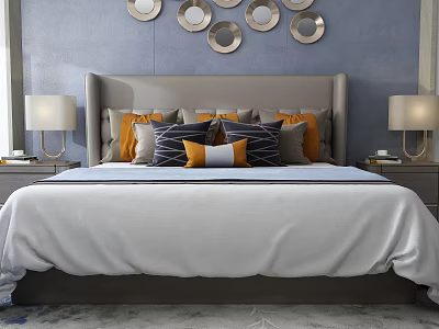 Background Double Bed With Blue Wall Circular Mirrors Gray Headboard And Colorful Pillows 3d model