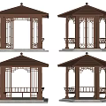 Traditional Chinese Brown Pavilions With Diverse Roof Railing And Pillar Designs