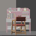 Pink Desk With Bookshelf Books Table Lamp Clock And Wooden Chair With Red Cushion