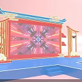 Modern Chinese Style Stage With Red Pink Lighting Geometric Pattern Backdrop Blue Steps Lantern Decorations 3d model