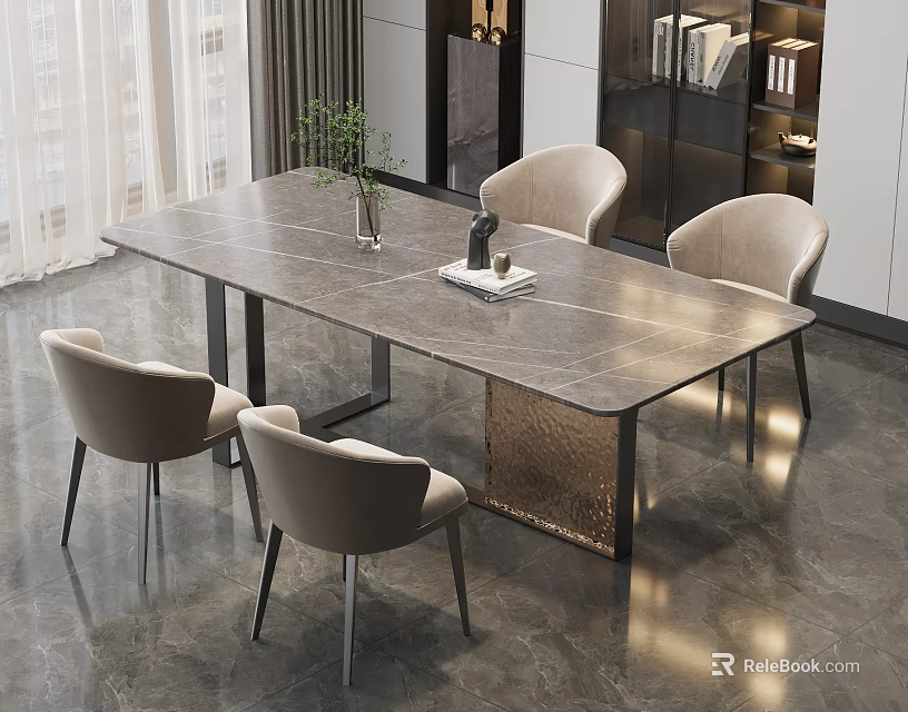 Modern Dining Table Set With Four Chairs Gray Tabletop And Metal Legs 3d model 