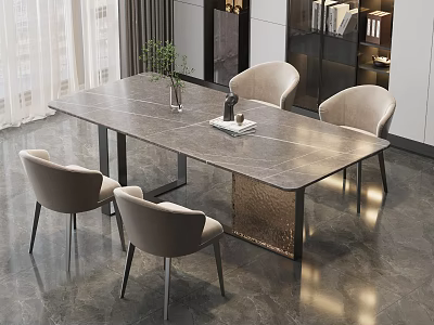 Modern Dining Table Set With Four Chairs Gray Tabletop And Metal Legs 3d model
