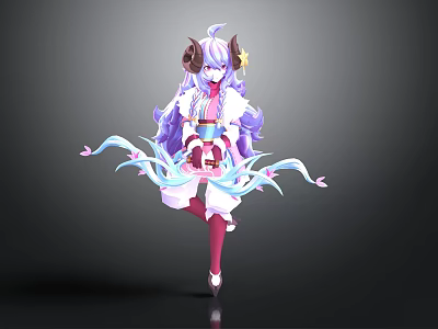 Anime Style Character With Sheep Horns Purple Hair And Pink Blue Ribbons In Traditional Outfit 3d model