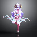 Anime Style Character With Sheep Horns Purple Hair And Pink Blue Ribbons In Traditional Outfit
