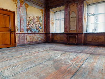 Elegant Historic Room Featuring Wooden Door Mural Paintings Windows Small Table And Wooden Floor 3d model