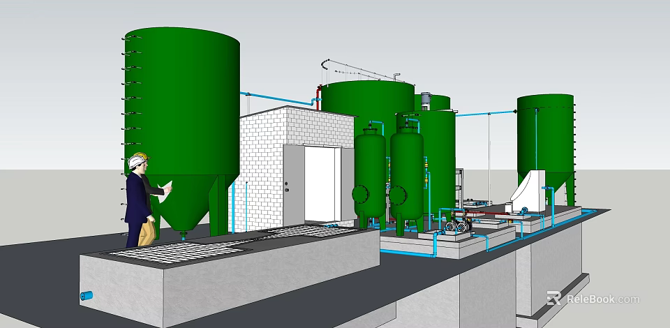 Industrial Facility with Green Storage Tanks Pipes Building Structure and Worker 3d model 